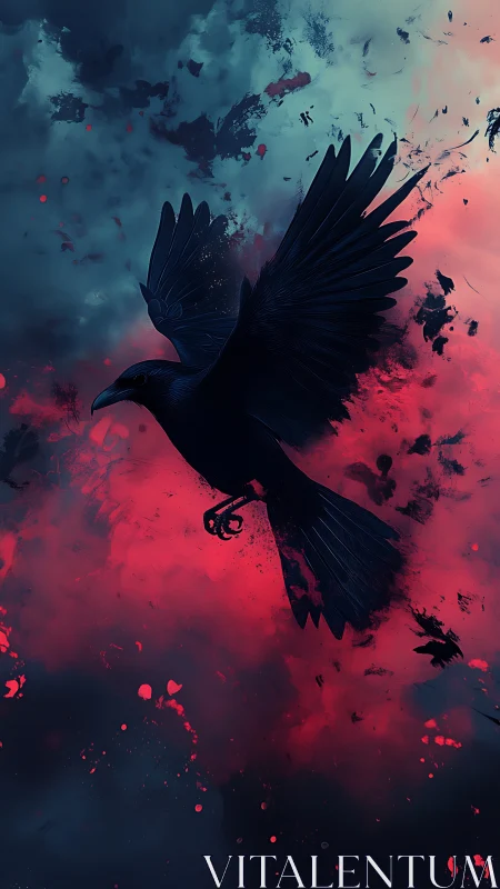 Dark corvid silhouette against red and blue abstract field.