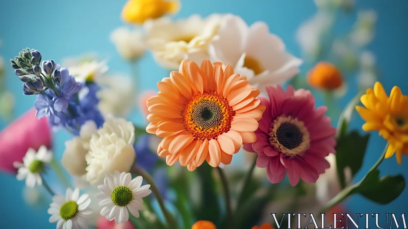 Colorful Gerbera Daisies Blooming Against Bright Blue Background