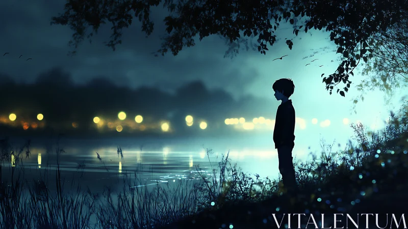 Silhouetted child at misty lakeshore under nocturnal bokeh glow