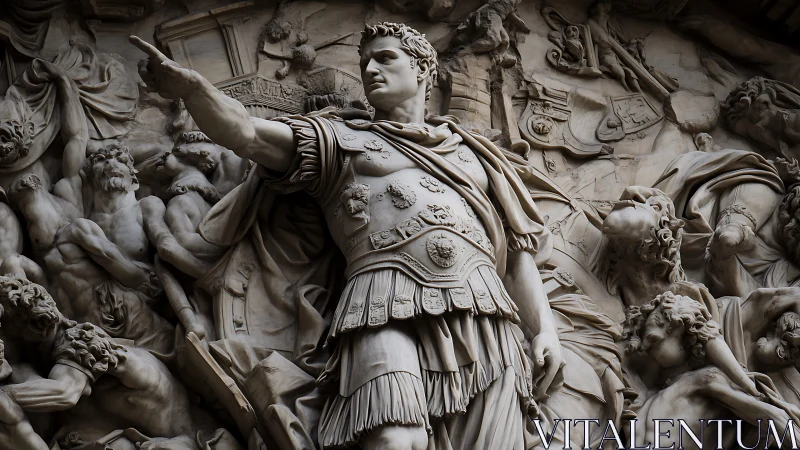 Commanding stone leader stands amid dramatic battle relief