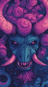 Vibrant horned demon gazes forward with neon, smoldering power