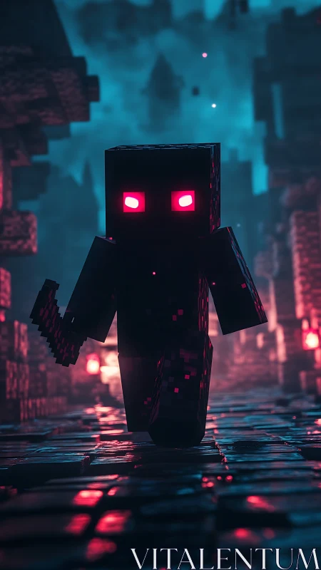 Voxel shadow warrior strides through neon-lit dungeon corridor.