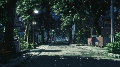 Evenly lit anime street scene shows deep linear perspective and foliage