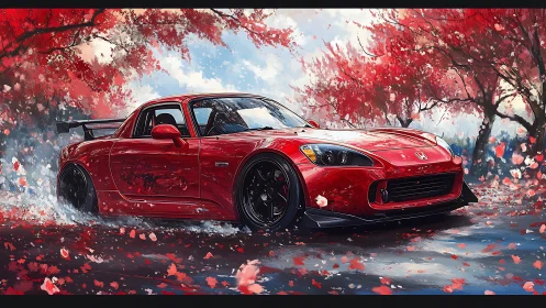 Scarlet Honda roadster under swirling autumn blossoms.