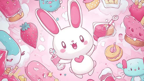 Whimsical Bunny Surrounded by Pink Pastries and Treats.