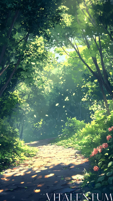 Sunlit Forest Path Through Golden Canopy.