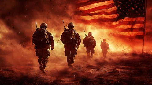 Soldiers advance through fire under a large US flag.