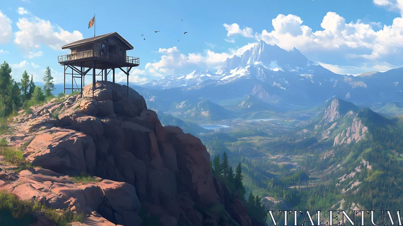 Elevated mountain watchtower in panoramic digital landscape painting.