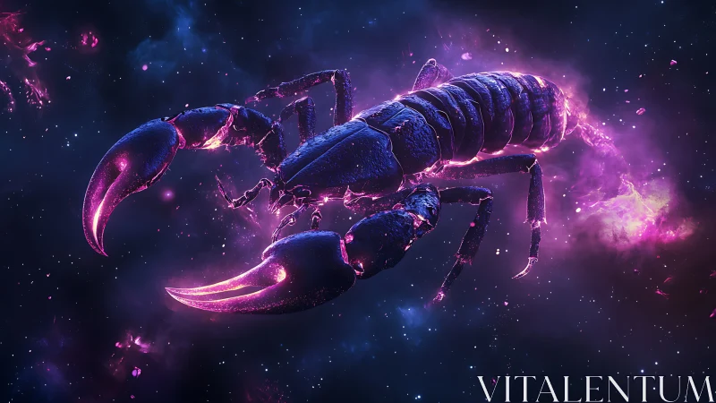 Cosmic scorpion rendered in purple and blue nebula glow.