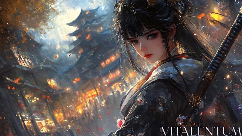 Samurai heroine in luminous rainy festival street scene.