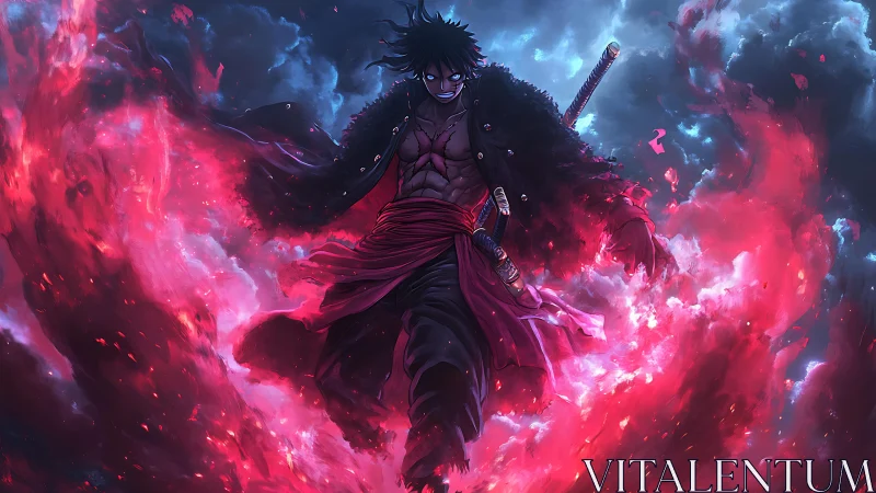 Dark anime swordsman walking through red blue energy storm.