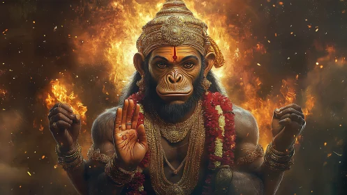 Simian warrior deity in flaming ceremonial regalia portrait.