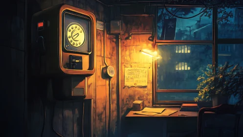 Retro office corner with rotary phone and lamplit window scene.