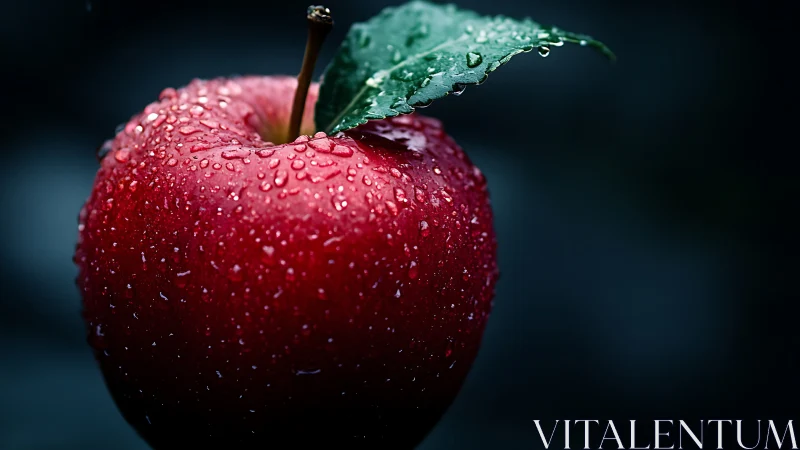 Dew-kissed red apple glows against a deep moody background