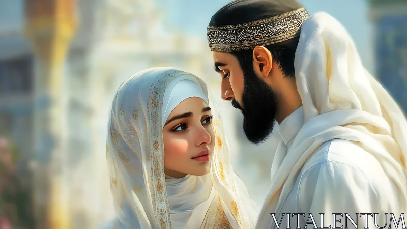 Islamic Romance: Digital Portrait of Couple in Traditional Dress.