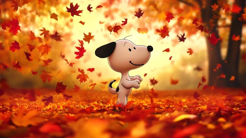 Cartoon dog enjoying swirling autumn leaves in warm glow.