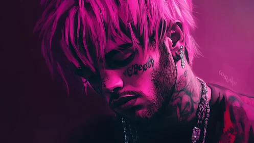 Moody pink portrait of tattooed man in digital painting.