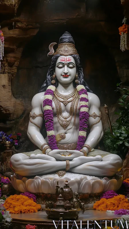 Serene white deity statue cradled in soft garlands and glow.