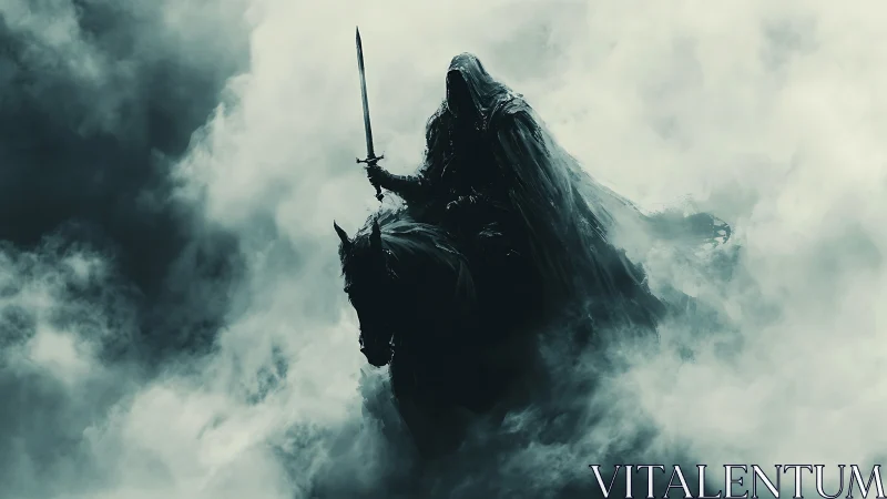 Dark cloaked rider on horseback emerging through dense fog.