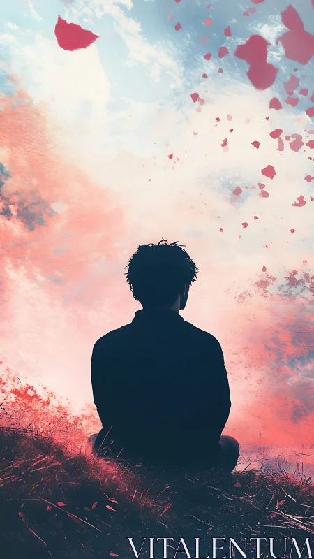 Solitary silhouette beneath drifting rose petals at dusk.