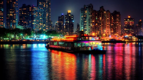 Neon river cruise passes vibrant high rise skyline at night.