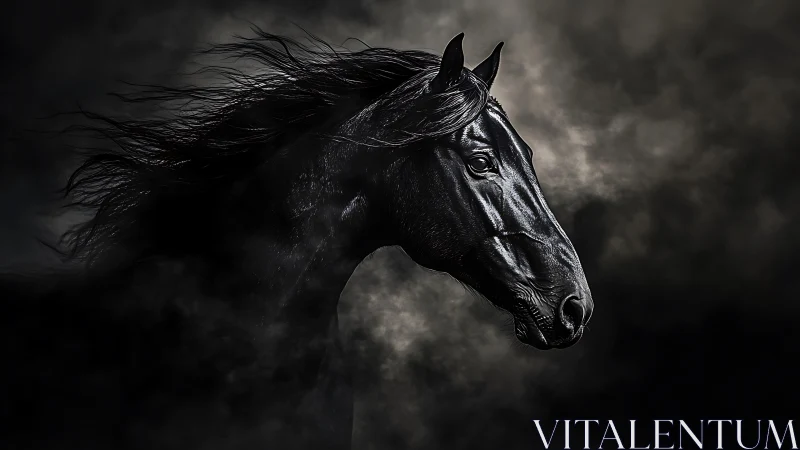 Black horse head emerges sharply from dense dark smoke