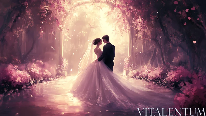 Bride and groom standing in glowing pink garden arch