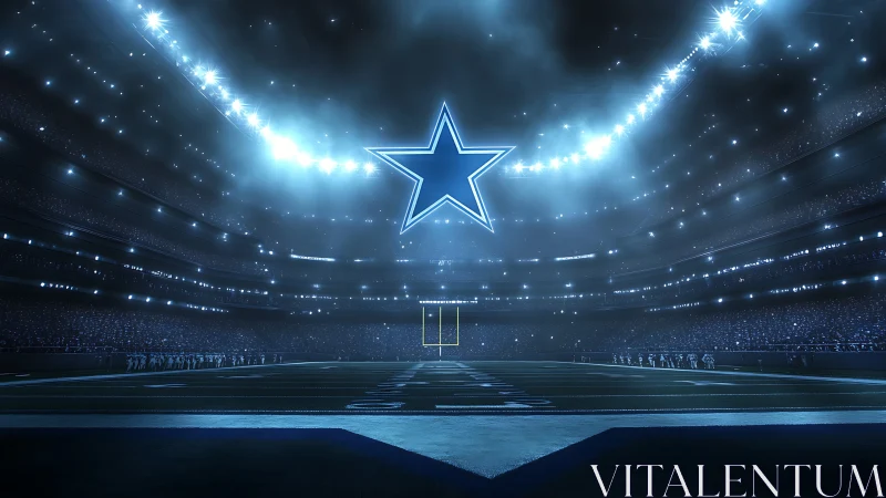 Glowing blue star dominates futuristic football stadium night