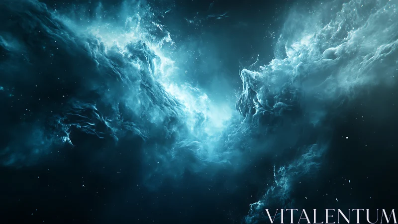 Celestial turquoise nebula swirling in deep cosmic darkness.