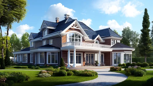 Large brick suburban mansion with landscaped front garden.