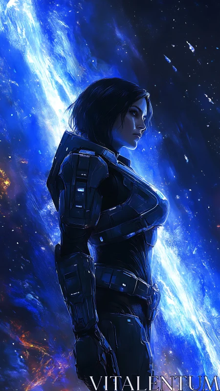 Stoic space heroine stands against a blazing cosmic rift