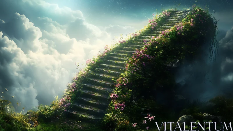 Stone stairway rising through clouds with dense floral growth.