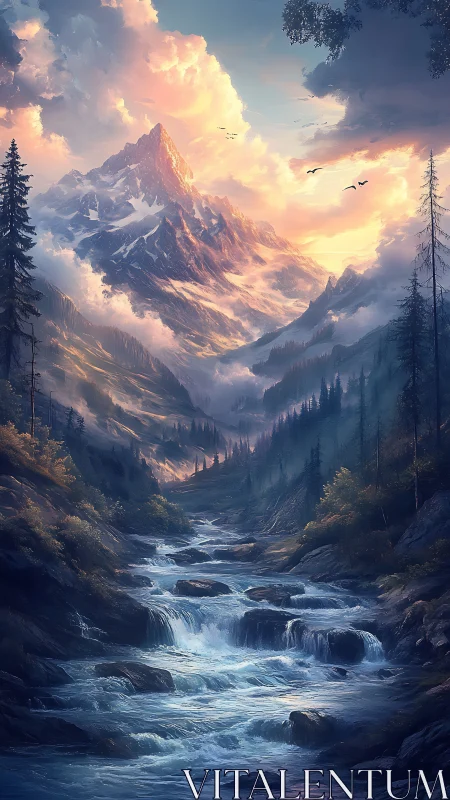 Majestic snow peak over fast mountain river at sunset.