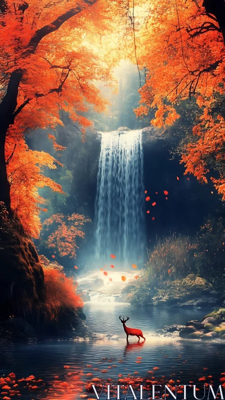 Crimson stag below luminous waterfall amid blazing autumn forest.