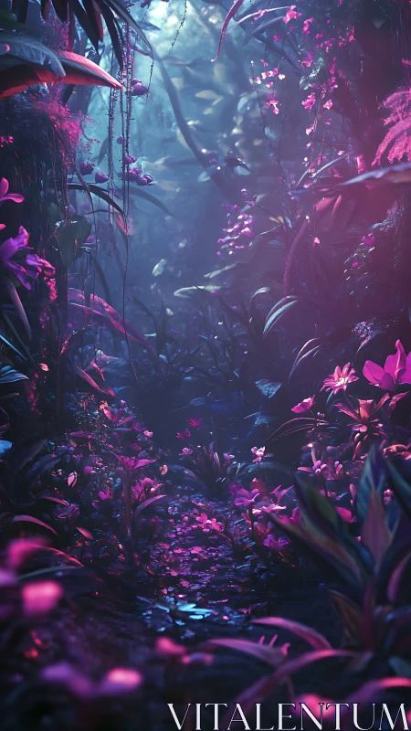 Bioluminescent jungle path under magenta and cyan rim light.