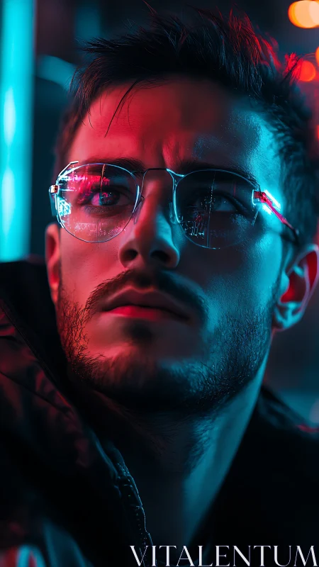 Neon city glow framing a thoughtful face in cool tones.
