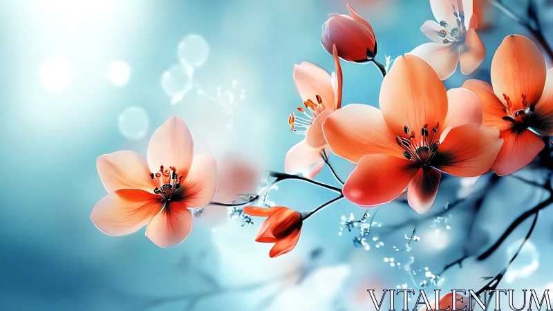 Coral blossoms luminous against soft sky.