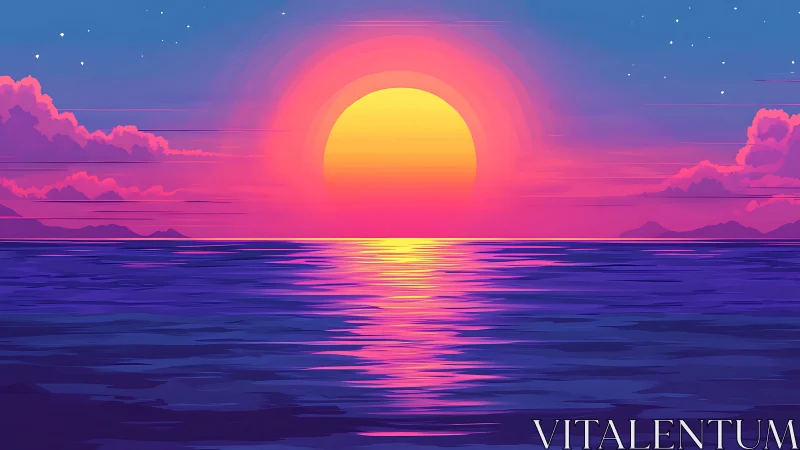 Neon sunset sphere melts into tranquil violet ocean horizon.