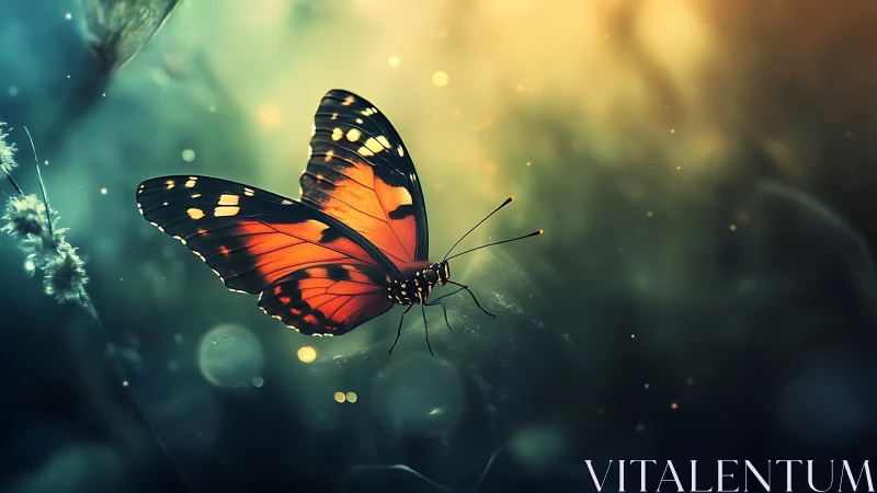 Twilight ember butterfly drifting through luminous hush.