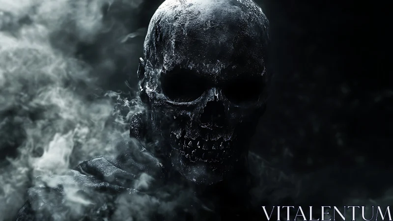 Charred skull emerges from swirling smoke and darkness.