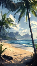 Tropical Paradise Beach with Palm Trees and Mountains