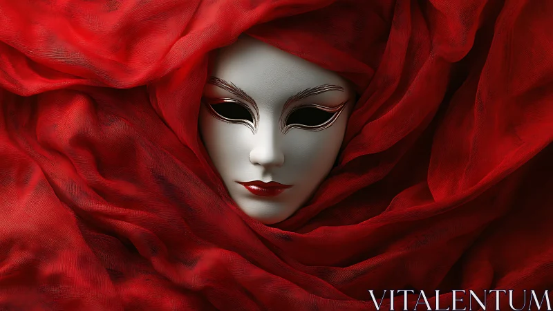 Digital painting portrait of masked face in red draped fabric.