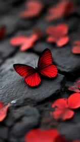 Red butterfly rests on dark stone among blurred petals
