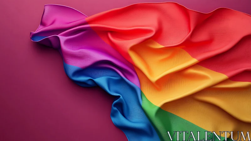 Rainbow colored fabric lies folded against magenta background