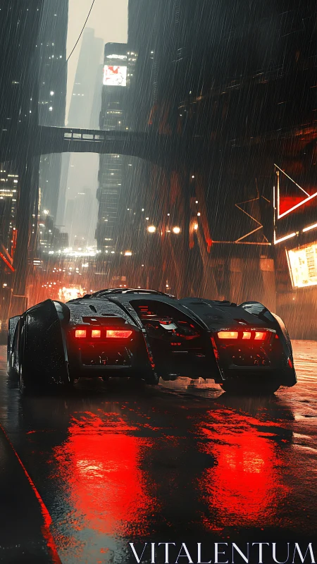 Futuristic vehicle in rainy neon-lit high-rise street at night.