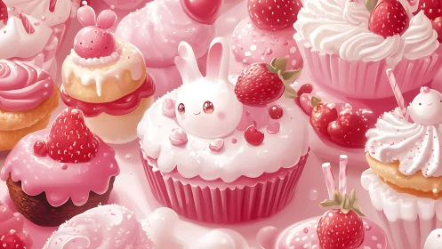 Kawaii bunny cupcake sits amid pink frosted treats.