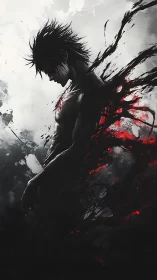 Silhouetted warrior with tendril-like red energy eruption