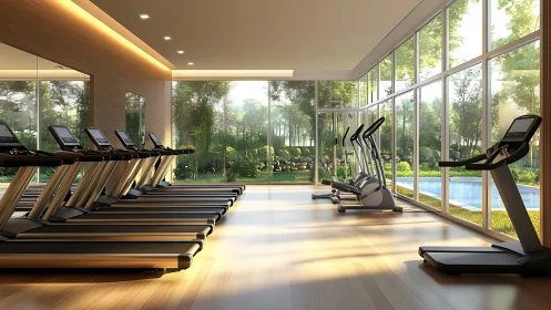 Modern fitness room displays cardio equipment beside glazing