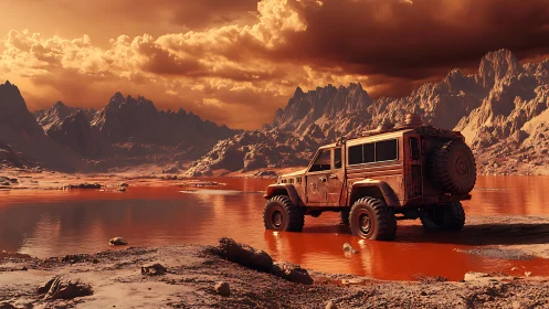 Off-road exploration rover beside ferric liquid lake on Mars.