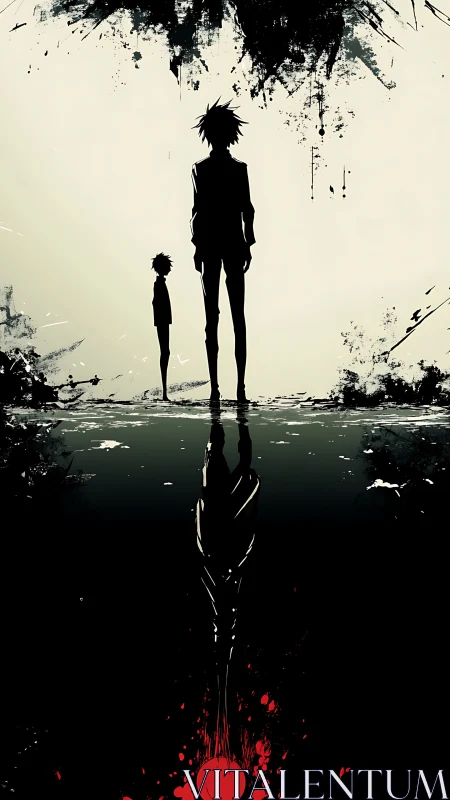 Two shadowed figures negotiate memory above a bleeding pool